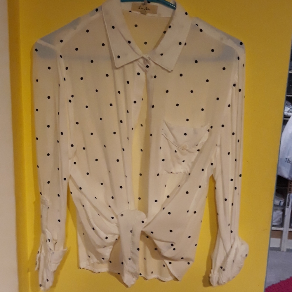 white with black polka dot tie front top